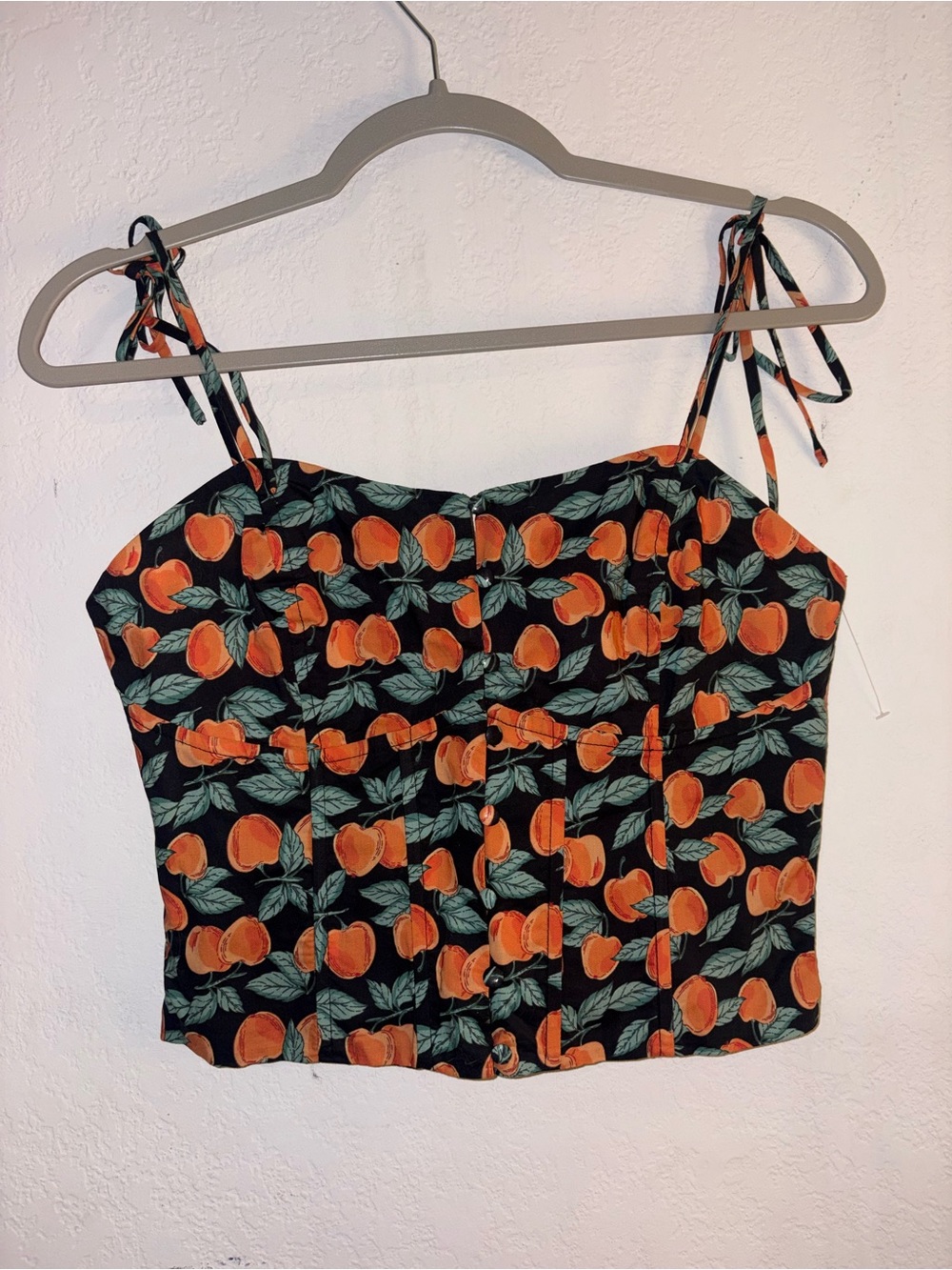 Peach Print Tie-Shoulder Crop Top - Black/Orange